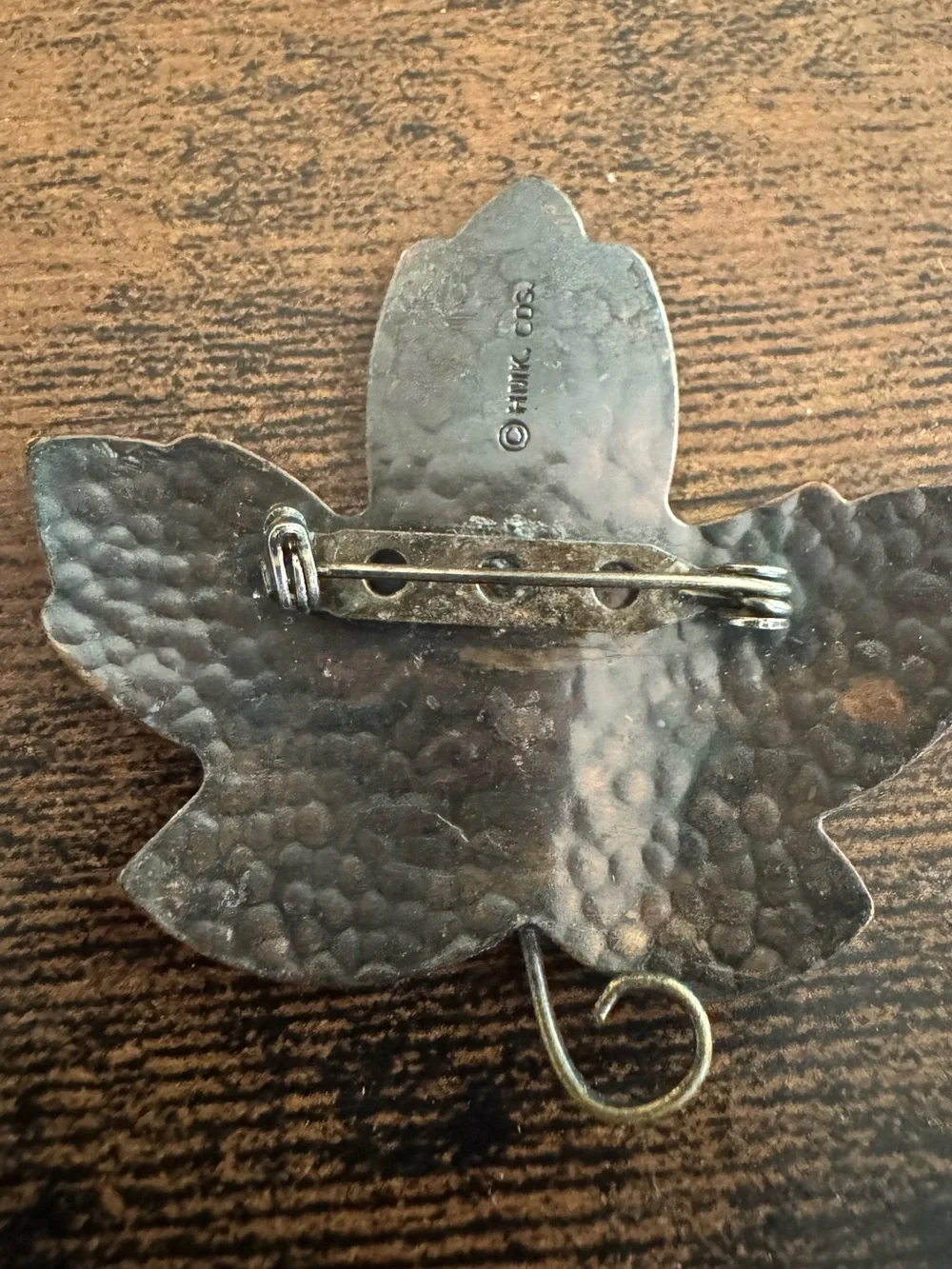 Vintage Hallmark Hammered Copper Tone Leaf Brooch with Dark Central Stripe, Fall